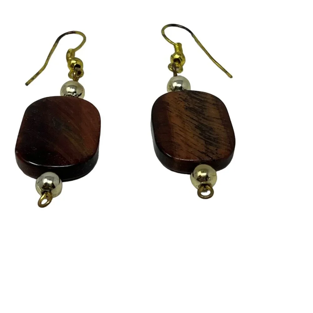 Faux Tiger Eye Drop Earrings Gold Tone‎ Wire Pierced 2 inches